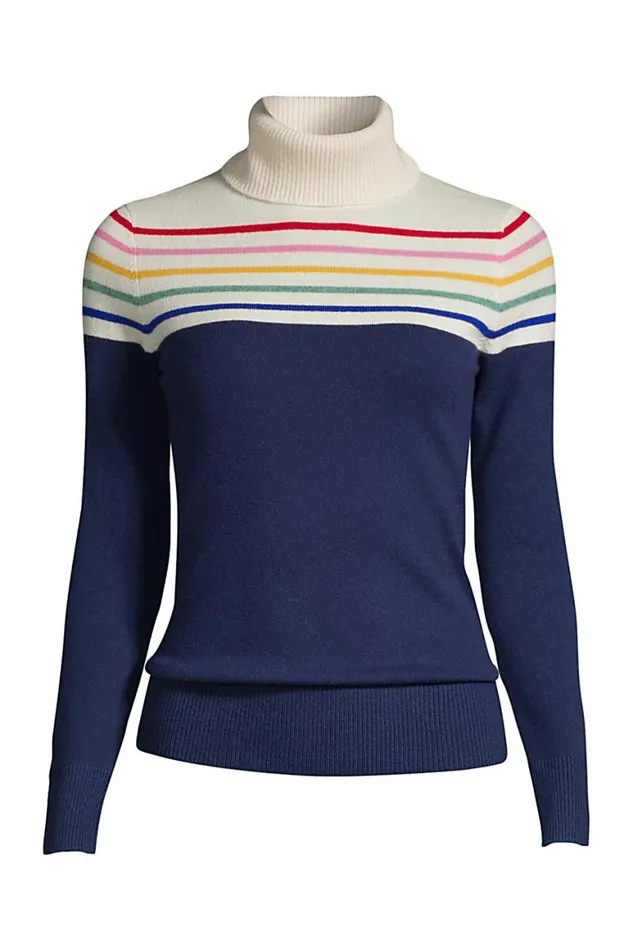 Lands039 End Sweaters Women Cashmere Turtleneck Sweater 8211 Colorblock Deep Sea Navy Rainbow Stripe Lands039 End Sweaters Women Cashmere Turtleneck Sweater 8211 Colorblock Deep Sea Navy Rainbow Stripe