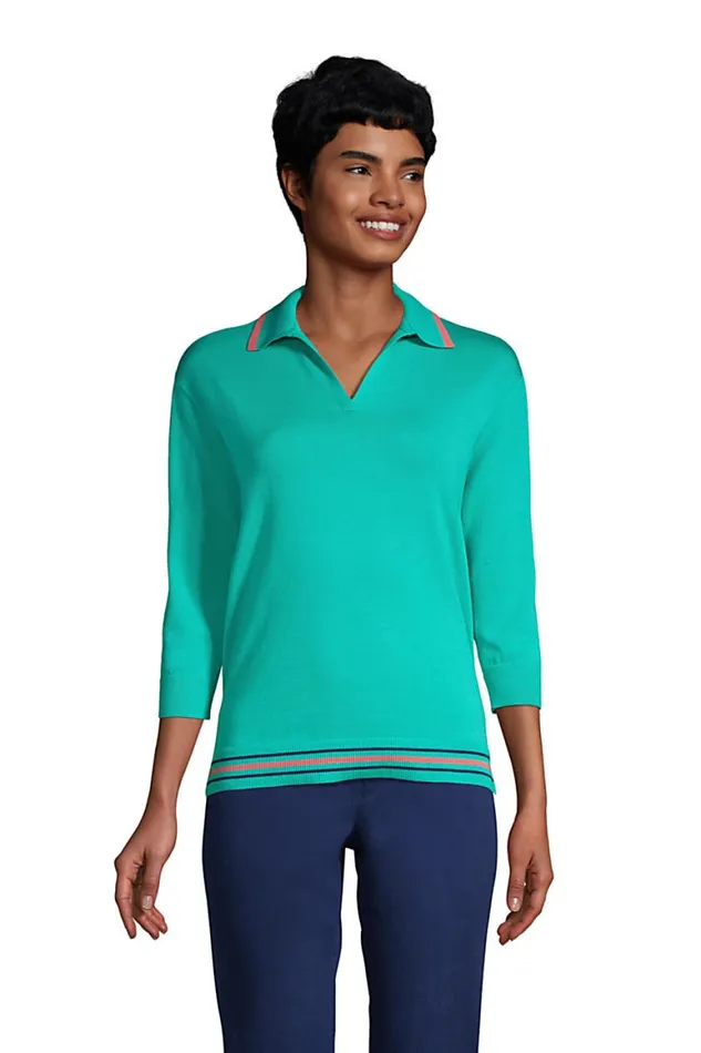 Lands039 End Sweaters Women Fine Gauge Cotton 34 Sleeve Polo Sweater Seafoam Teal Tipped Lands039 End Sweaters Women Fine Gauge Cotton 34 Sleeve Polo Sweater Seafoam Teal Tipped