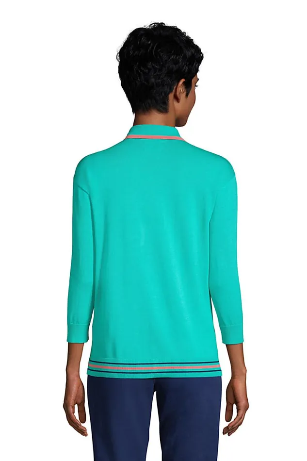Lands039 End Sweaters Women Fine Gauge Cotton 34 Sleeve Polo Sweater Seafoam Teal Tipped Lands039 End Sweaters Women Fine Gauge Cotton 34 Sleeve Polo Sweater Seafoam Teal Tipped