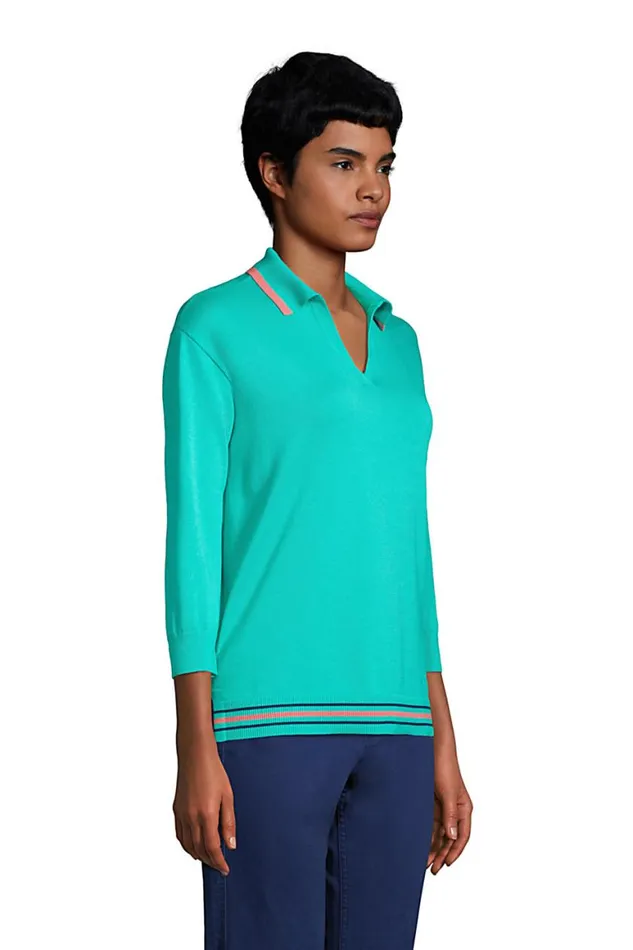 Lands039 End Sweaters Women Fine Gauge Cotton 34 Sleeve Polo Sweater Seafoam Teal Tipped Lands039 End Sweaters Women Fine Gauge Cotton 34 Sleeve Polo Sweater Seafoam Teal Tipped