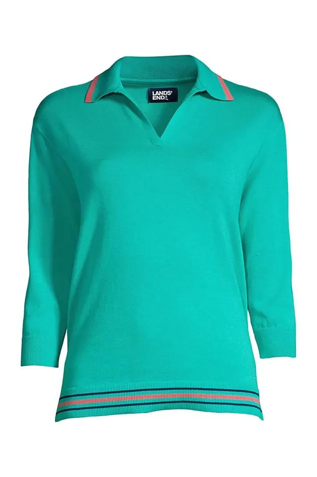 Lands039 End Sweaters Women Fine Gauge Cotton 34 Sleeve Polo Sweater Seafoam Teal Tipped Lands039 End Sweaters Women Fine Gauge Cotton 34 Sleeve Polo Sweater Seafoam Teal Tipped