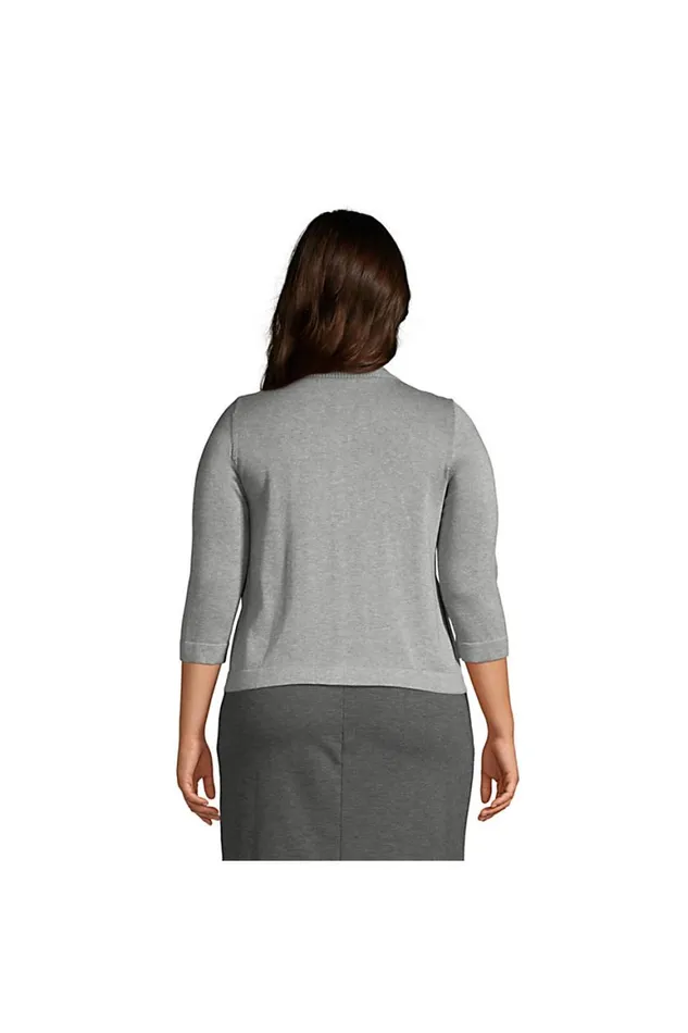 Lands039 End Sweaters Women Plus Size Cotton Modal 34 Sleeve Novelty Stitch Trim Cardigan Sweater Pewter Heather