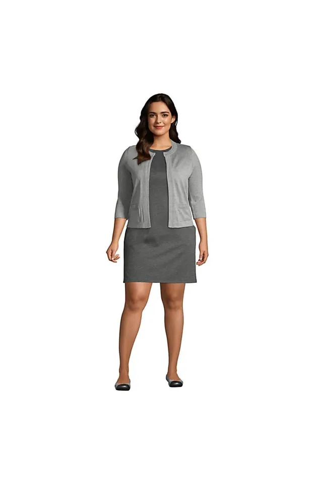 Lands039 End Sweaters Women Plus Size Cotton Modal 34 Sleeve Novelty Stitch Trim Cardigan Sweater Pewter Heather