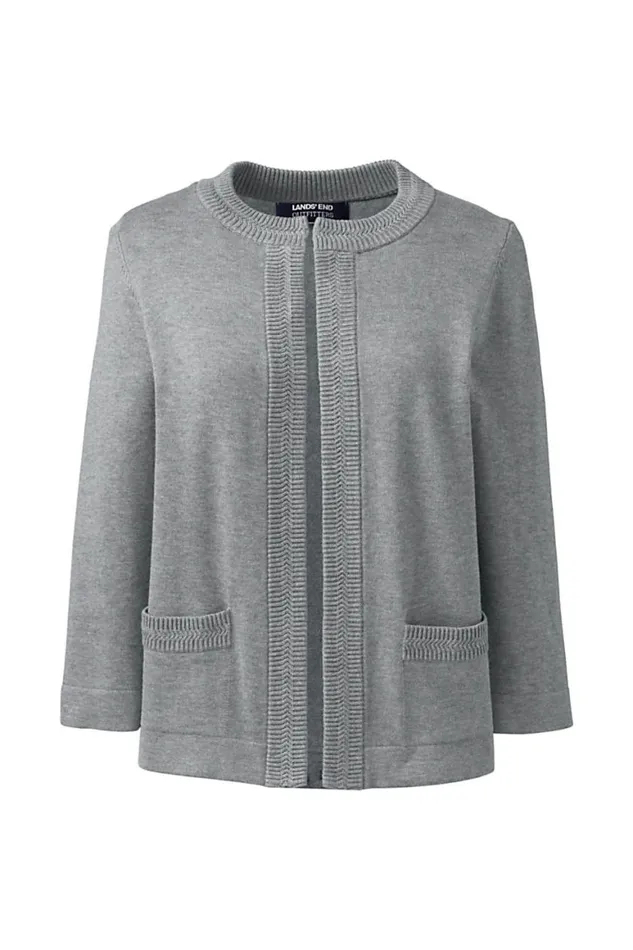Lands039 End Sweaters Women Plus Size Cotton Modal 34 Sleeve Novelty Stitch Trim Cardigan Sweater Pewter Heather