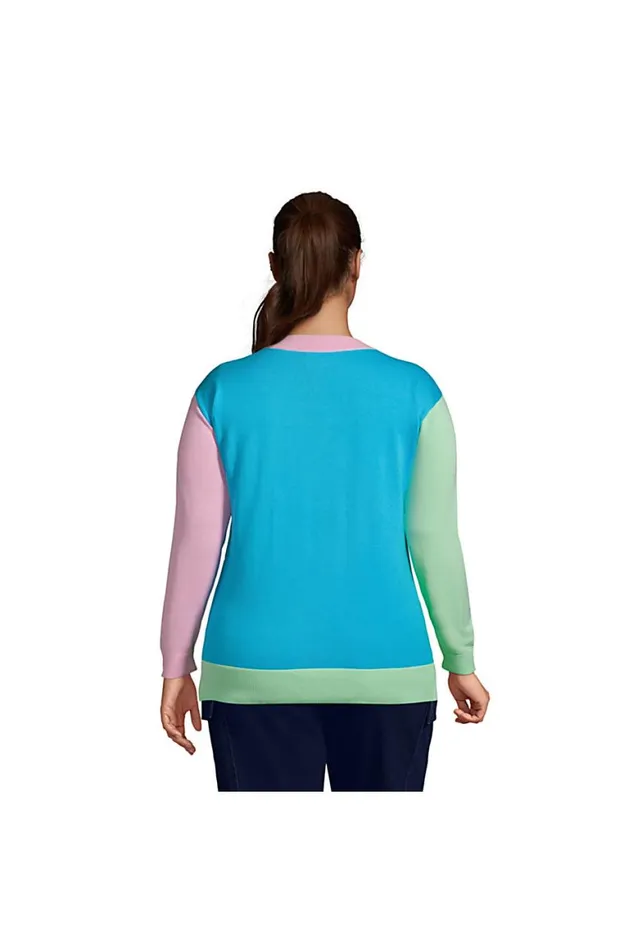 Lands039 End Sweaters Women Plus Size Fine Gauge Cotton Crew Neck Sweater 8211 Intarsia Deep Sea Navy Le Colorblock