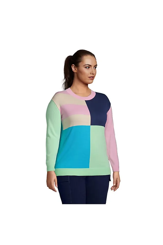 Lands039 End Sweaters Women Plus Size Fine Gauge Cotton Crew Neck Sweater 8211 Intarsia Deep Sea Navy Le Colorblock