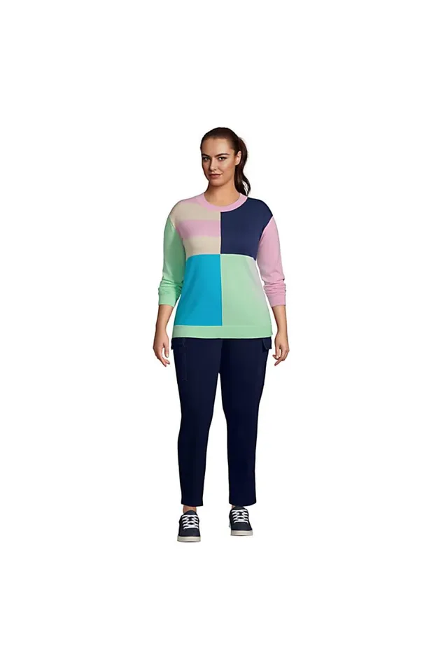 Lands039 End Sweaters Women Plus Size Fine Gauge Cotton Crew Neck Sweater 8211 Intarsia Deep Sea Navy Le Colorblock