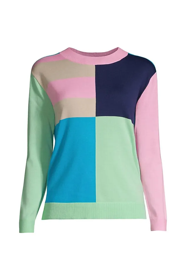 Lands039 End Sweaters Women Plus Size Fine Gauge Cotton Crew Neck Sweater 8211 Intarsia Deep Sea Navy Le Colorblock