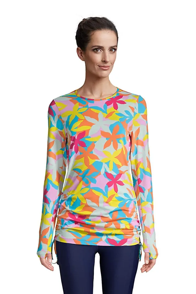Lands039 End Swimsuits Women Adjustable Long Sleeve Swim Tunic Rash Guard With Upf 50 Sun Protection Modest Swim Tee Turquoise Multi Graphic Floral Lands039 End Swimsuits Women Adjustable Long Sleeve Swim Tunic Rash Guard With Upf 50 Sun Protection Modest Swim Tee Turquoise Multi Graphic Floral