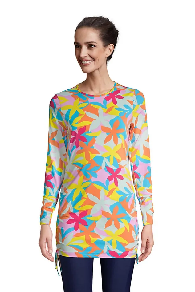 Lands039 End Swimsuits Women Adjustable Long Sleeve Swim Tunic Rash Guard With Upf 50 Sun Protection Modest Swim Tee Turquoise Multi Graphic Floral Lands039 End Swimsuits Women Adjustable Long Sleeve Swim Tunic Rash Guard With Upf 50 Sun Protection Modest Swim Tee Turquoise Multi Graphic Floral