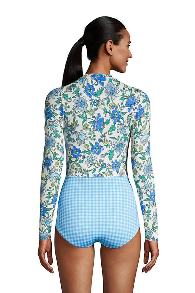 Lands039 End Swimsuits Women Chlorine Resistant Zip Front Long Sleeve Tugless Sporty One Piece Swimsuit Lotus Floral Lands039 End Swimsuits Women Chlorine Resistant Zip Front Long Sleeve Tugless Sporty One Piece Swimsuit Lotus Floral