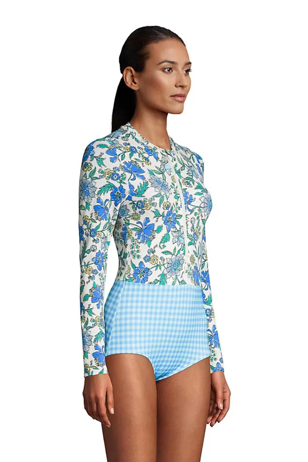 Lands039 End Swimsuits Women Chlorine Resistant Zip Front Long Sleeve Tugless Sporty One Piece Swimsuit Lotus Floral Lands039 End Swimsuits Women Chlorine Resistant Zip Front Long Sleeve Tugless Sporty One Piece Swimsuit Lotus Floral
