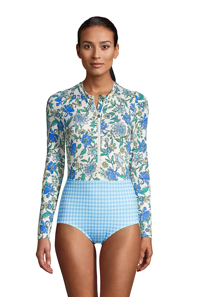 Lands039 End Swimsuits Women Chlorine Resistant Zip Front Long Sleeve Tugless Sporty One Piece Swimsuit Lotus Floral Lands039 End Swimsuits Women Chlorine Resistant Zip Front Long Sleeve Tugless Sporty One Piece Swimsuit Lotus Floral
