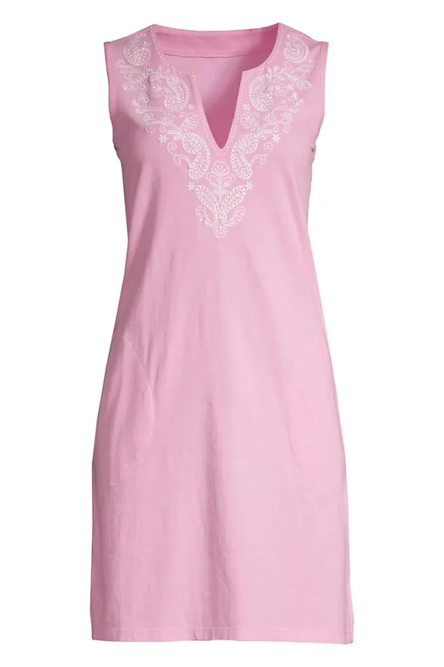 Lands039 End Swimsuits Women Cotton Jersey Embroidered Sleeveless Swim Coverup Dress Wild Blossom