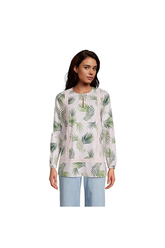 Lands039 End Swimsuits Women Cotton Long Sleeve Split Neck Tunic Top White