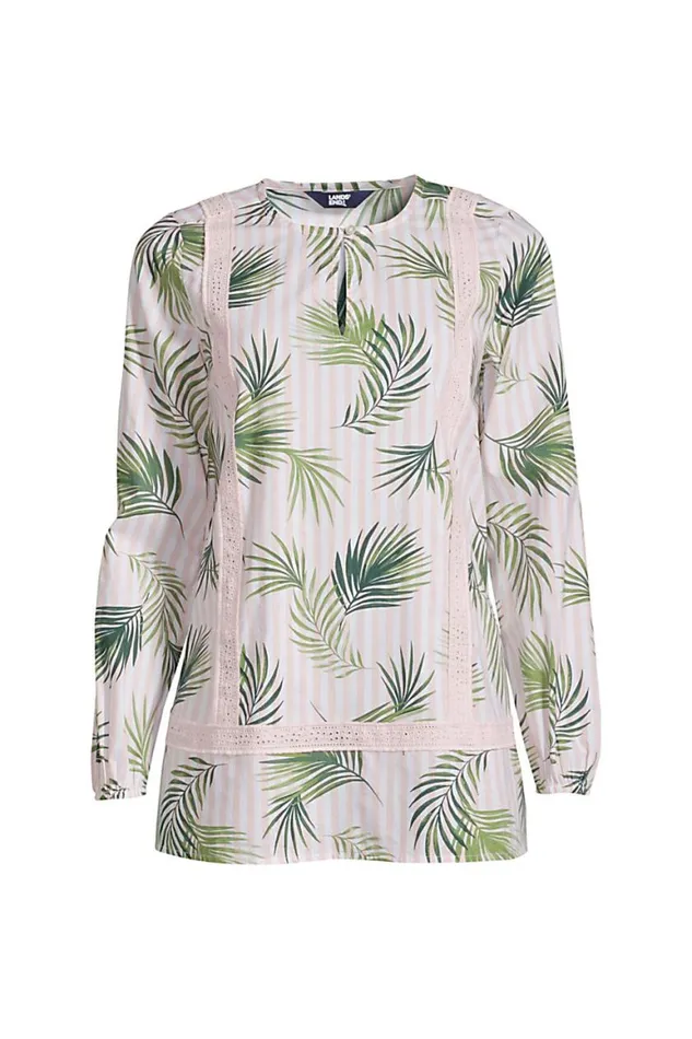 Lands039 End Swimsuits Women Cotton Long Sleeve Split Neck Tunic Top White