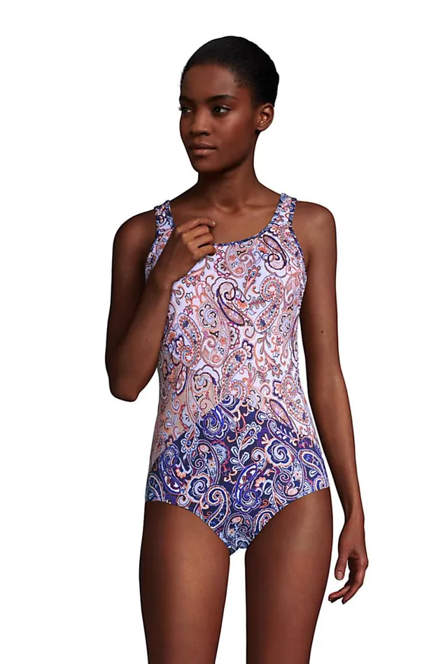 Lands039 End Swimsuits Women Mastectomy Chlorine Resistant Scoop Neck Soft Cup Tugless Sporty One Piece Swimsuit Print Deep Sea Navy Paisley Mix