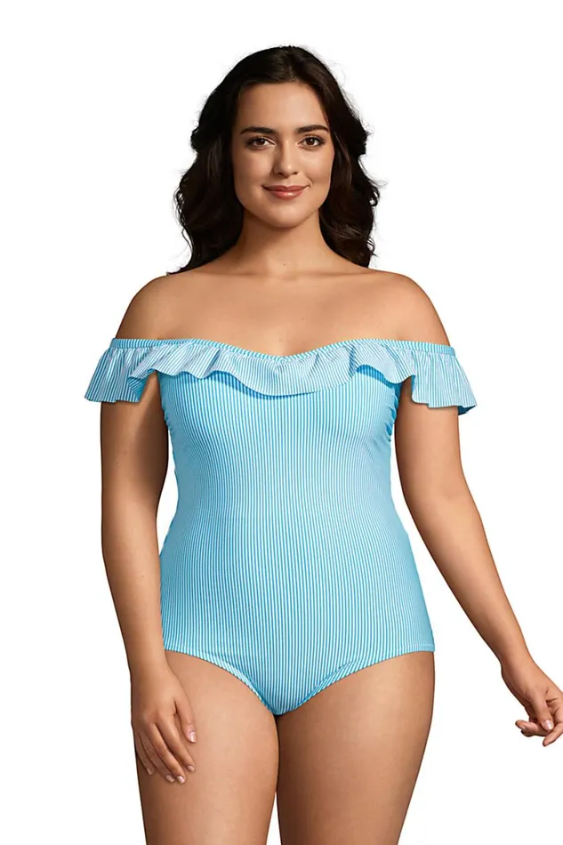Lands039 End Swimsuits Women Plus Size Chlorine Resistant Tummy Control Off The Shoulder One Piece Swimsuit Seersucker Turquoise Stripe Lands039 End Swimsuits Women Plus Size Chlorine Resistant Tummy Control Off The Shoulder One Piece Swimsuit Seersucker Turquoise Stripe