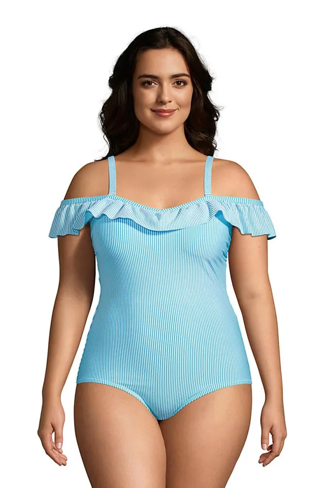 Lands039 End Swimsuits Women Plus Size Chlorine Resistant Tummy Control Off The Shoulder One Piece Swimsuit Seersucker Turquoise Stripe