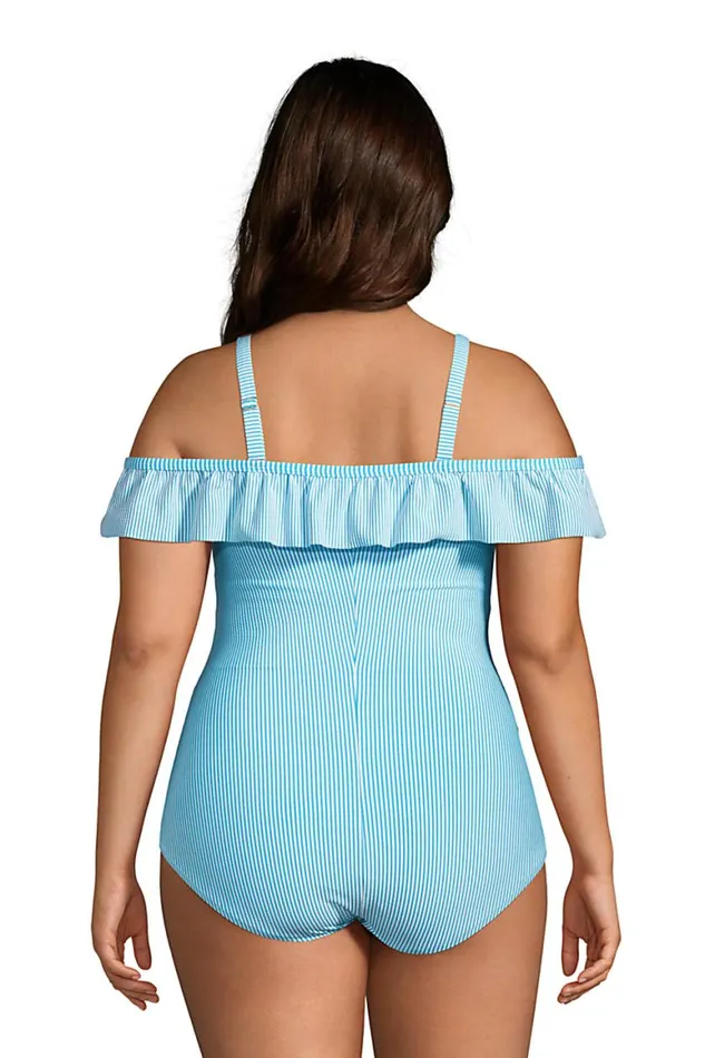 Lands039 End Swimsuits Women Plus Size Chlorine Resistant Tummy Control Off The Shoulder One Piece Swimsuit Seersucker Turquoise Stripe