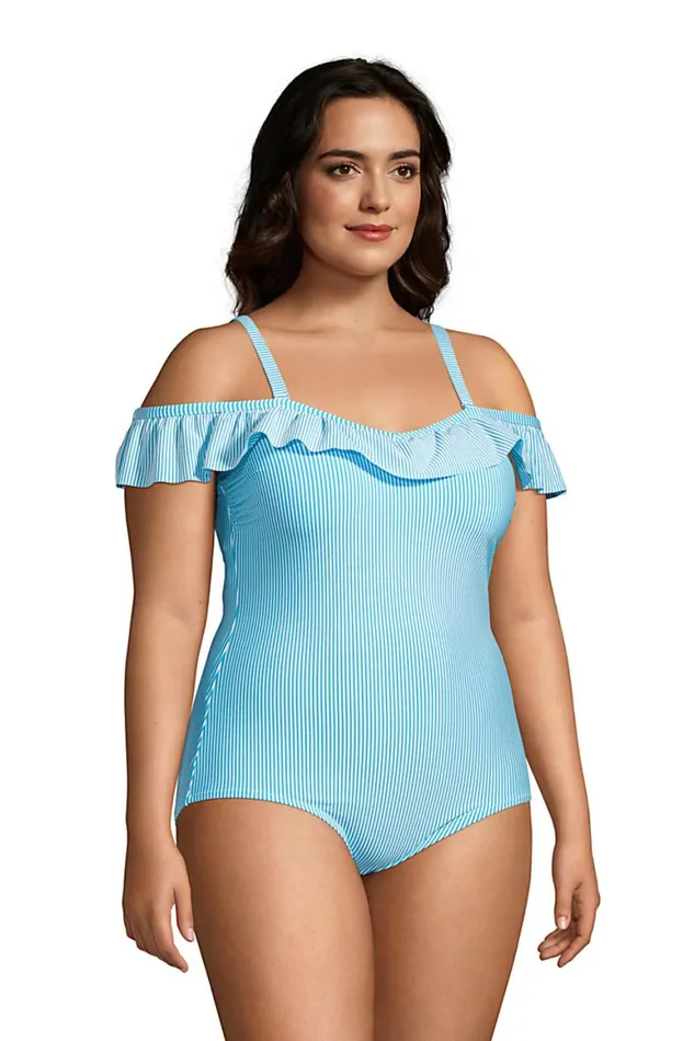 Lands039 End Swimsuits Women Plus Size Chlorine Resistant Tummy Control Off The Shoulder One Piece Swimsuit Seersucker Turquoise Stripe