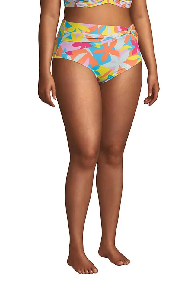 Lands039 End Swimsuits Women Plus Size Chlorine Resistant Twist Front Retro High Waisted Bikini Bottoms Turquoise Multi Graphic Floral