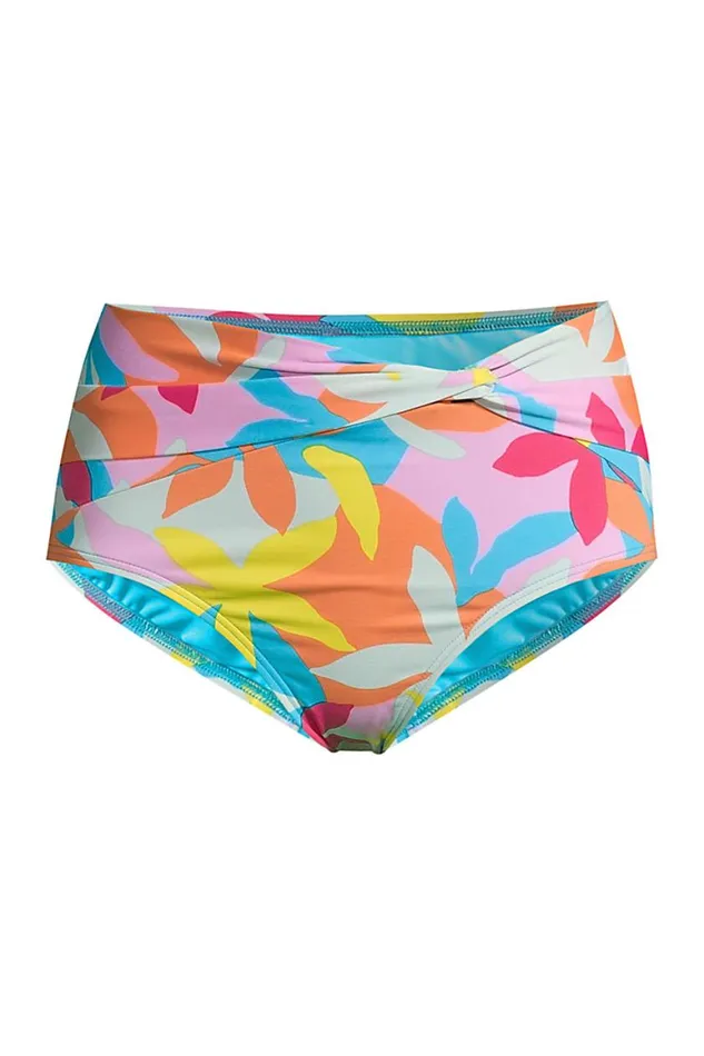 Lands039 End Swimsuits Women Plus Size Chlorine Resistant Twist Front Retro High Waisted Bikini Bottoms Turquoise Multi Graphic Floral