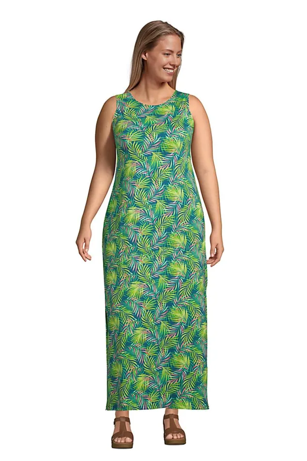 Lands039 End Swimsuits Women Plus Size Cotton Jersey Sleeveless Swim Coverup Maxi Dress Baltic Teal Multi Palm Lands039 End Swimsuits Women Plus Size Cotton Jersey Sleeveless Swim Coverup Maxi Dress Baltic Teal Multi Palm