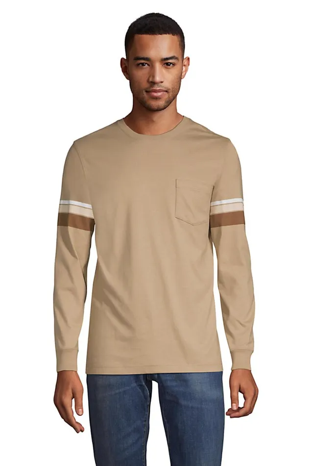 Lands039 End TShirts Men Supert Long Sleeve Tshirt With Pocket Khaki Multi Stripe