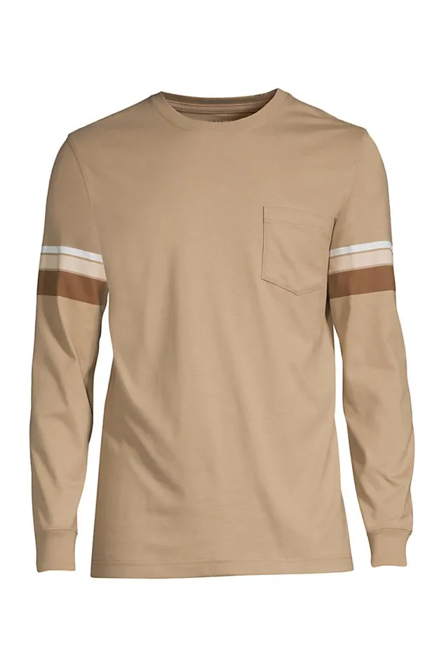 Lands039 End TShirts Men Supert Long Sleeve Tshirt With Pocket Khaki Multi Stripe
