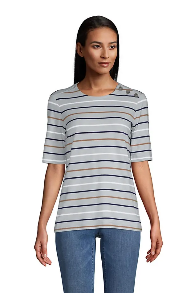 Lands039 End Tops and Tees Women Lightweight Button Shoulder Elbow Sleeve Crewneck Tshirt Pale Gray Stripe Lands039 End Tops and Tees Women Lightweight Button Shoulder Elbow Sleeve Crewneck Tshirt Pale Gray Stripe