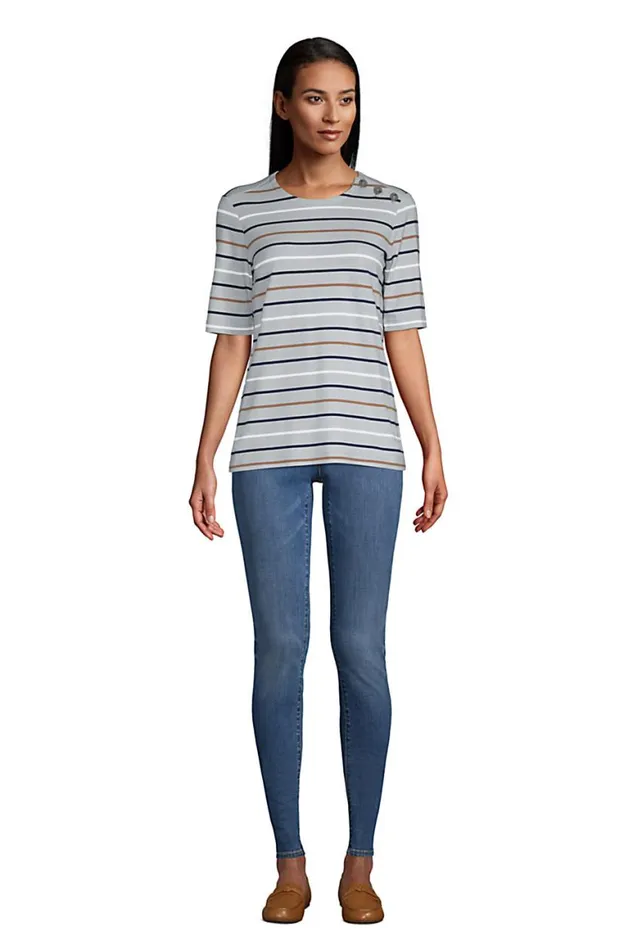 Lands039 End Tops and Tees Women Lightweight Button Shoulder Elbow Sleeve Crewneck Tshirt Pale Gray Stripe Lands039 End Tops and Tees Women Lightweight Button Shoulder Elbow Sleeve Crewneck Tshirt Pale Gray Stripe