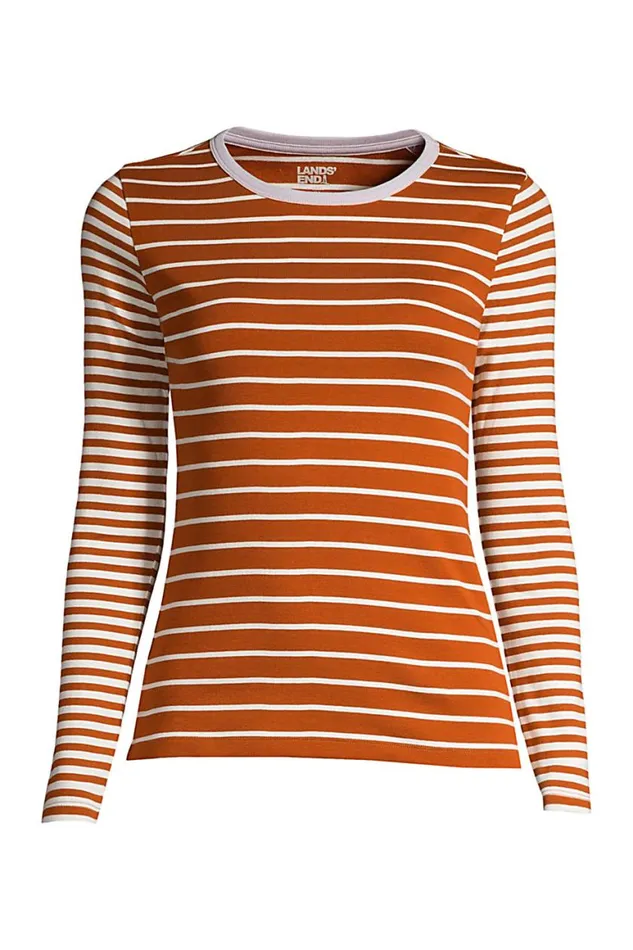Lands039 End Tops and Tees Women Long Sleeve All Cotton Crewneck Tshirt Stripe Burnt Caramel