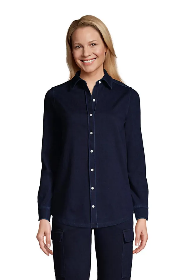 Lands039 End Tops and Tees Women Long Sleeve Sport Knit Button Front Tunic Indigo Dark Indigo Lands039 End Tops and Tees Women Long Sleeve Sport Knit Button Front Tunic Indigo Dark Indigo