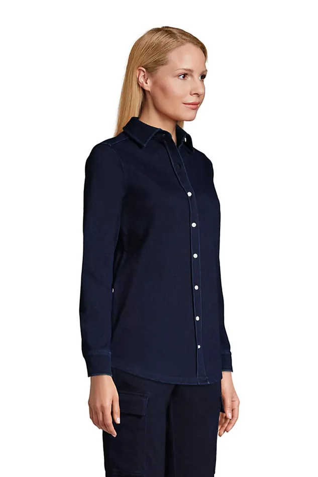 Lands039 End Tops and Tees Women Long Sleeve Sport Knit Button Front Tunic Indigo Dark Indigo Lands039 End Tops and Tees Women Long Sleeve Sport Knit Button Front Tunic Indigo Dark Indigo