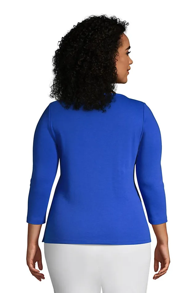 Lands039 End Tops and Tees Women Plus Size Cotton Polyester Three Quarter Sleeve Button Hem Top Black