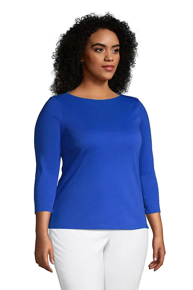 Lands039 End Tops and Tees Women Plus Size Cotton Polyester Three Quarter Sleeve Button Hem Top Black