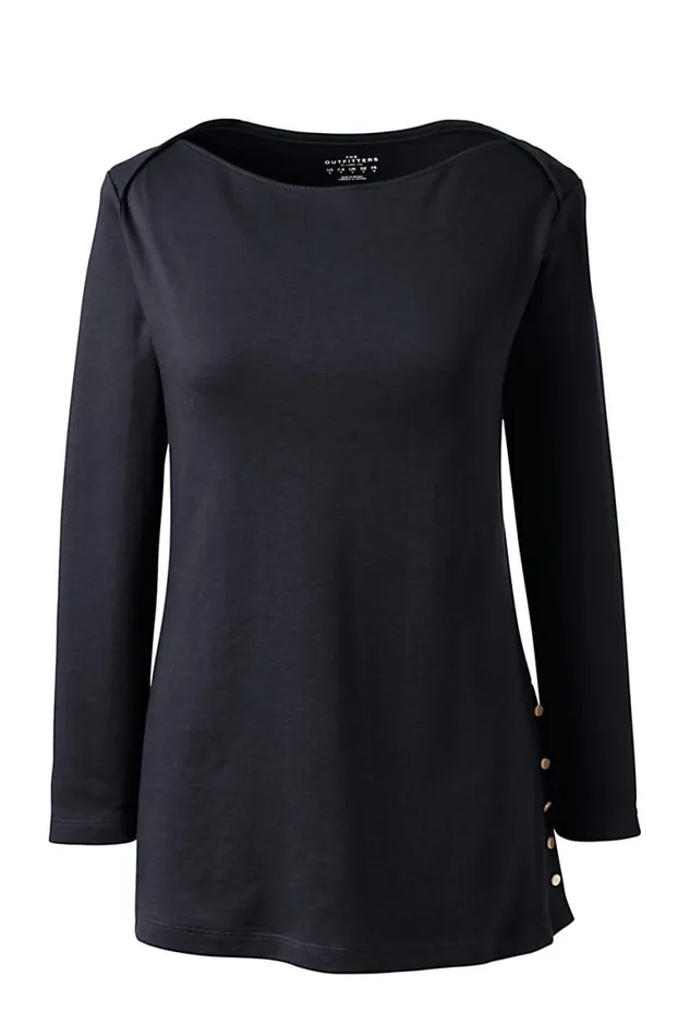 Lands039 End Tops and Tees Women Plus Size Cotton Polyester Three Quarter Sleeve Button Hem Top Black