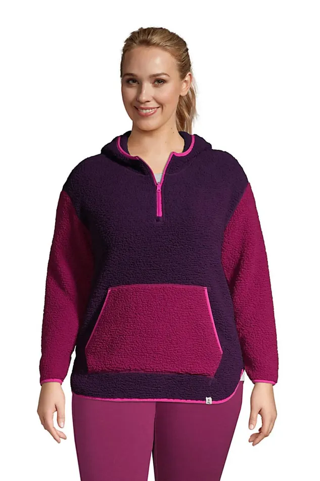 Lands039 End Tops and Tees Women Plus Size Quarter Zip Sherpa Fleece Hoodie Blackberry Colorblock