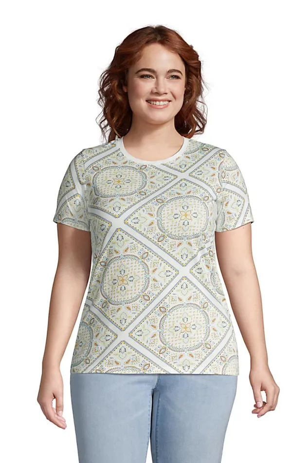 Lands039 End Tops and Tees Women Plus Size Relaxed Supima Cotton Short Sleeve Crewneck Tshirt Ivory Square Paisley