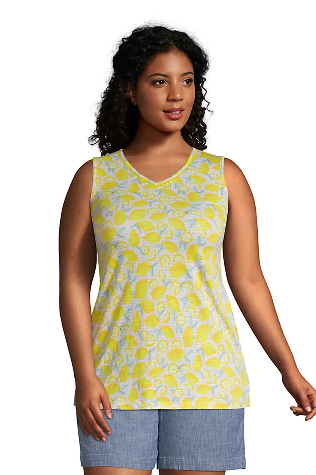 Lands039 End Tops and Tees Women Plus Size Slub Vneck Trimmed Tunic Tank Bright Sun Yellow Lemon Check Lands039 End Tops and Tees Women Plus Size Slub Vneck Trimmed Tunic Tank Bright Sun Yellow Lemon Check