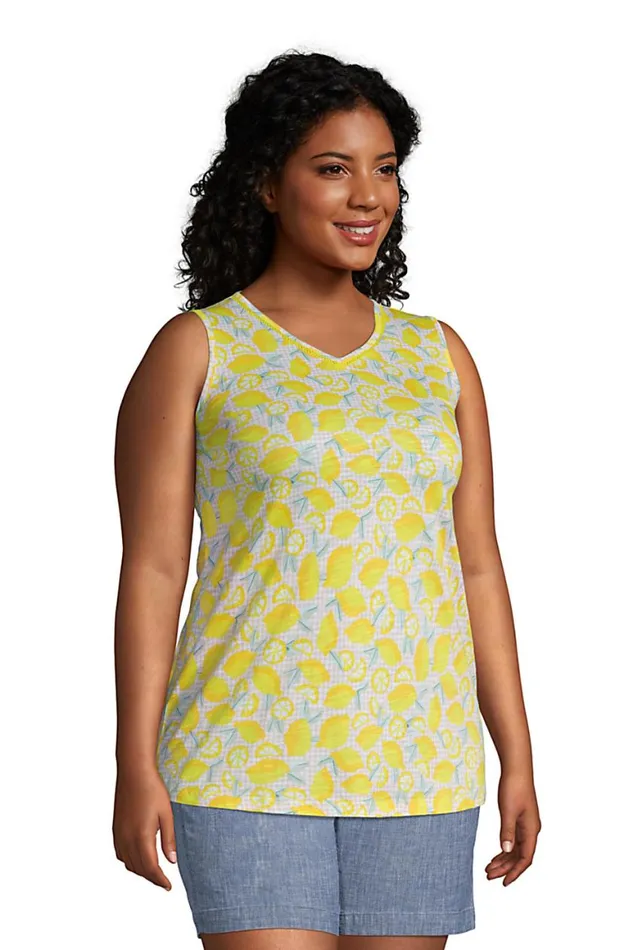Lands039 End Tops and Tees Women Plus Size Slub Vneck Trimmed Tunic Tank Bright Sun Yellow Lemon Check Lands039 End Tops and Tees Women Plus Size Slub Vneck Trimmed Tunic Tank Bright Sun Yellow Lemon Check