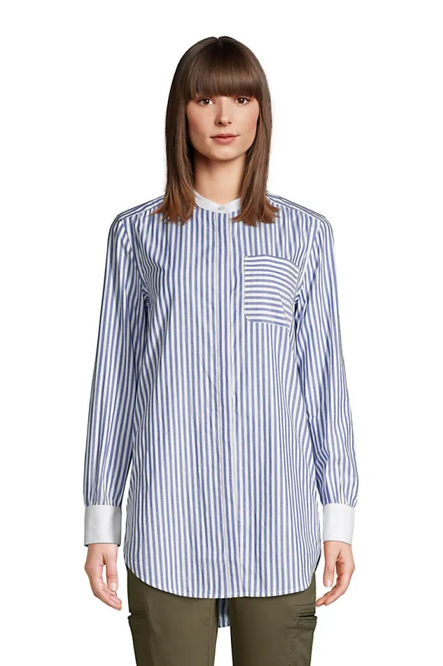 Lands039 End Tunic Tops Women Cotton Aline Long Sleeve Tunic Top Cool Cobalt Varsity Stripe