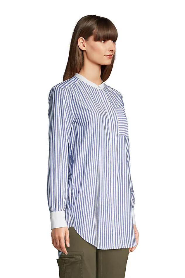 Lands039 End Tunic Tops Women Cotton Aline Long Sleeve Tunic Top Cool Cobalt Varsity Stripe
