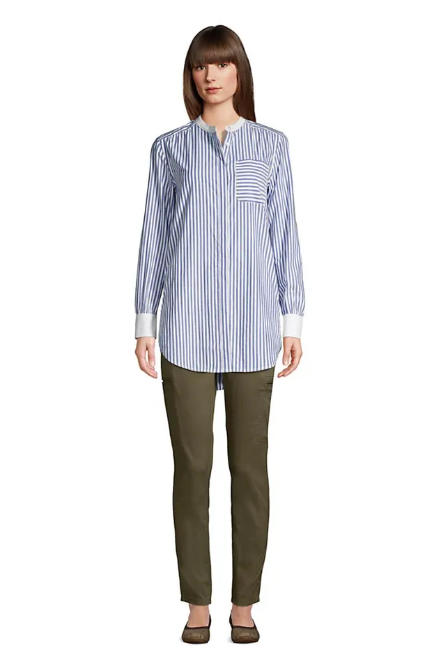 Lands039 End Tunic Tops Women Cotton Aline Long Sleeve Tunic Top Cool Cobalt Varsity Stripe