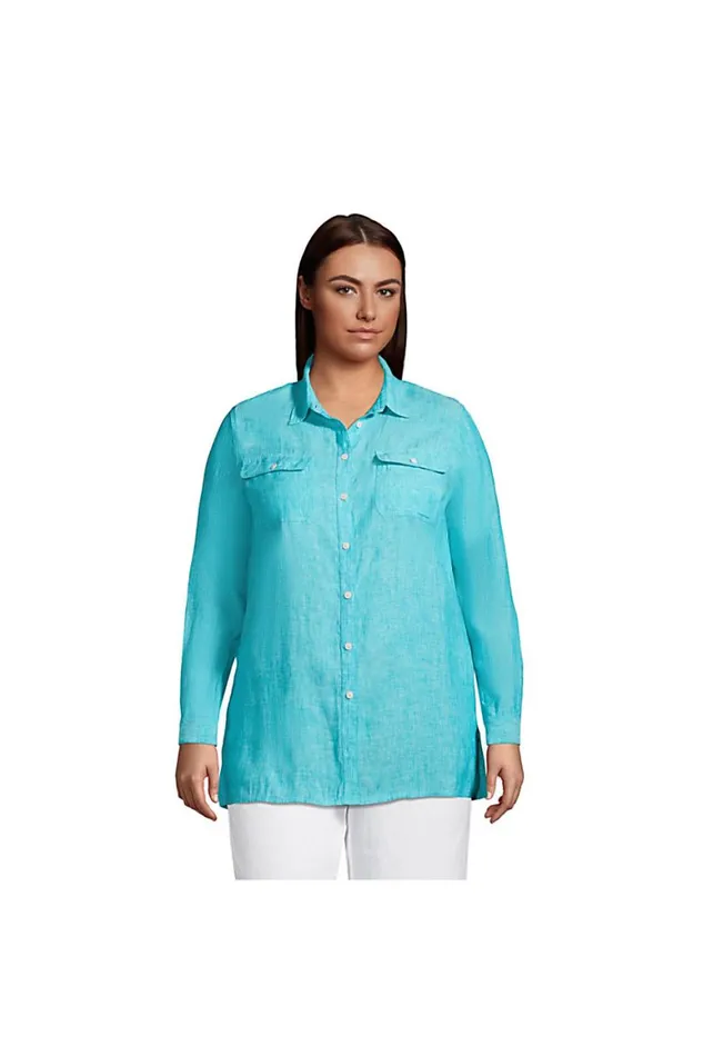 Lands039 End Tunic Tops Women Plus Size Linen Button Front Utility Tunic Top Cool Aqua Blue Linen Lands039 End Tunic Tops Women Plus Size Linen Button Front Utility Tunic Top Cool Aqua Blue Linen