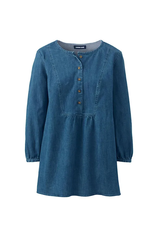 Lands039 End Tunic Tops Women Tall 34 Sleeve Denim Tunic Washed Soft Indigo