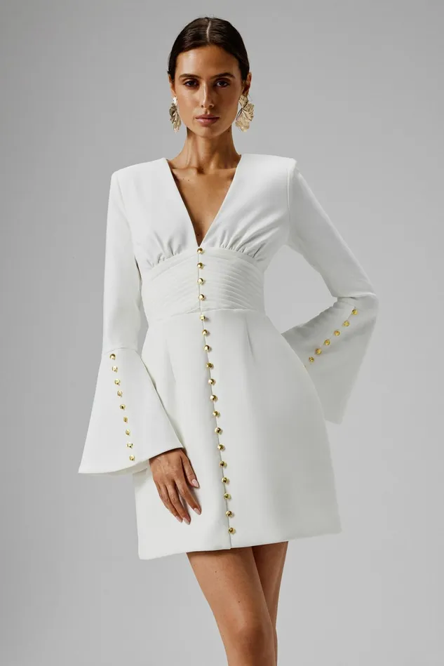 Lavish Alice ALine Dresses LARA Fluted Sleeve Micro Shell Button Mini Dress In White White 8211 Women Lavish Alice ALine Dresses LARA Fluted Sleeve Micro Shell Button Mini Dress In White White 8211 Women