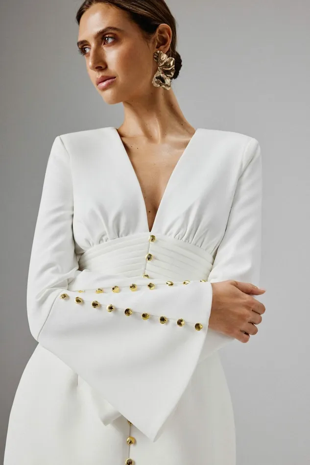 Lavish Alice ALine Dresses LARA Fluted Sleeve Micro Shell Button Mini Dress In White White 8211 Women