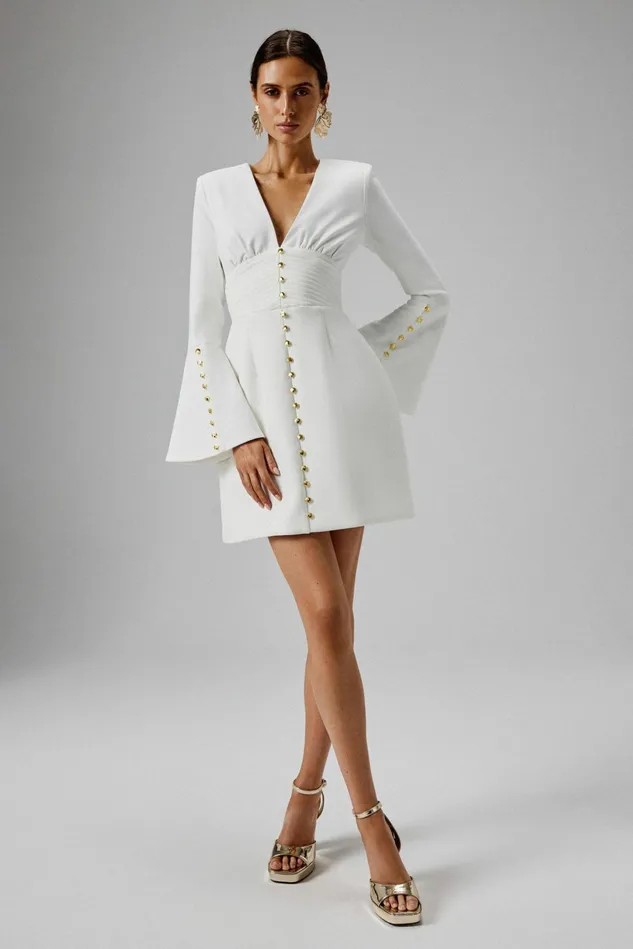 Lavish Alice ALine Dresses LARA Fluted Sleeve Micro Shell Button Mini Dress In White White 8211 Women